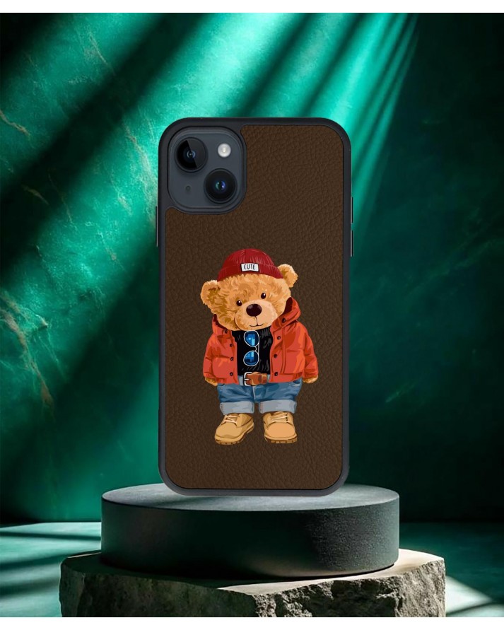 Ayıcık Baskılı Kahverengi Deri Telefon Kılıfı