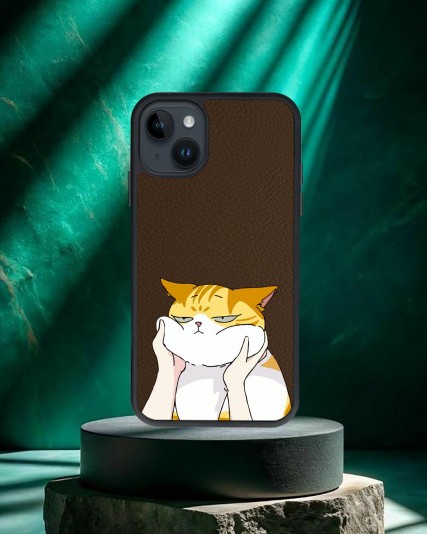 Kedi Baskılı Kahverengi Deri Telefon Kılıfı
