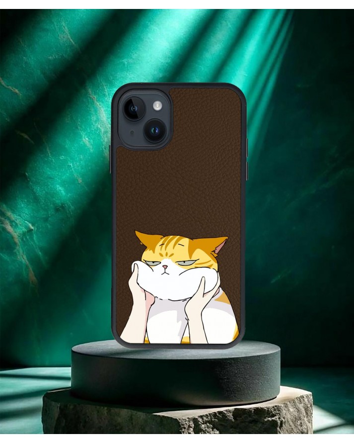 Kedi Baskılı Kahverengi Deri Telefon Kılıfı