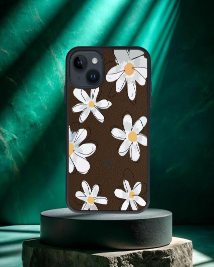 Papatya Baskılı Kahverengi Deri Telefon Kılıfı