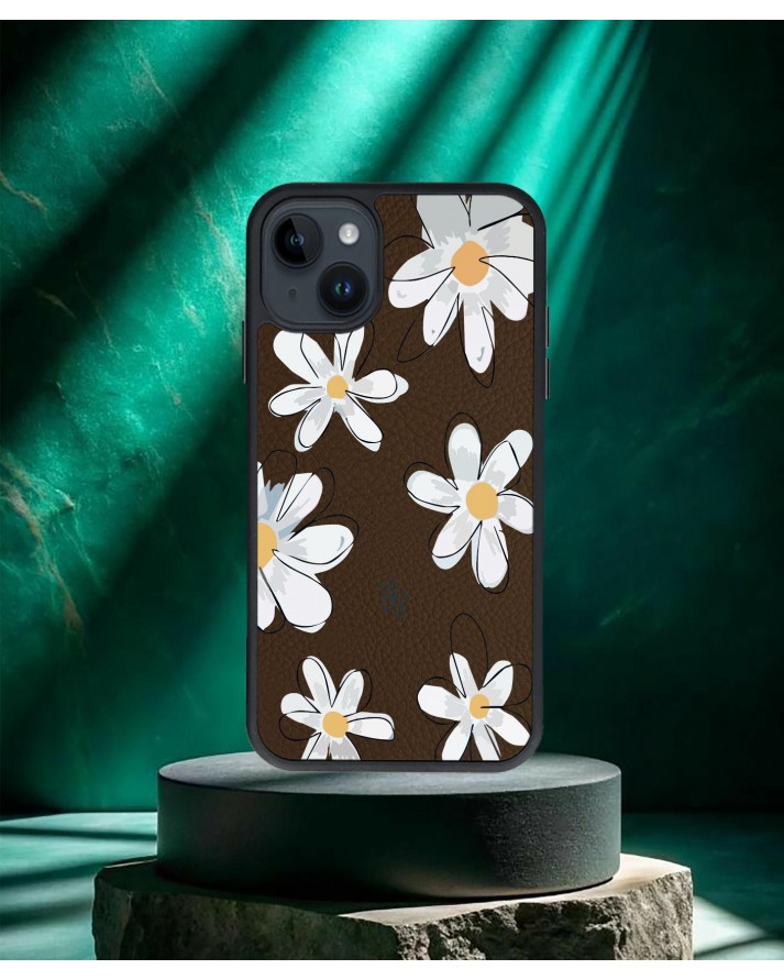 Papatya Baskılı Kahverengi Deri Telefon Kılıfı