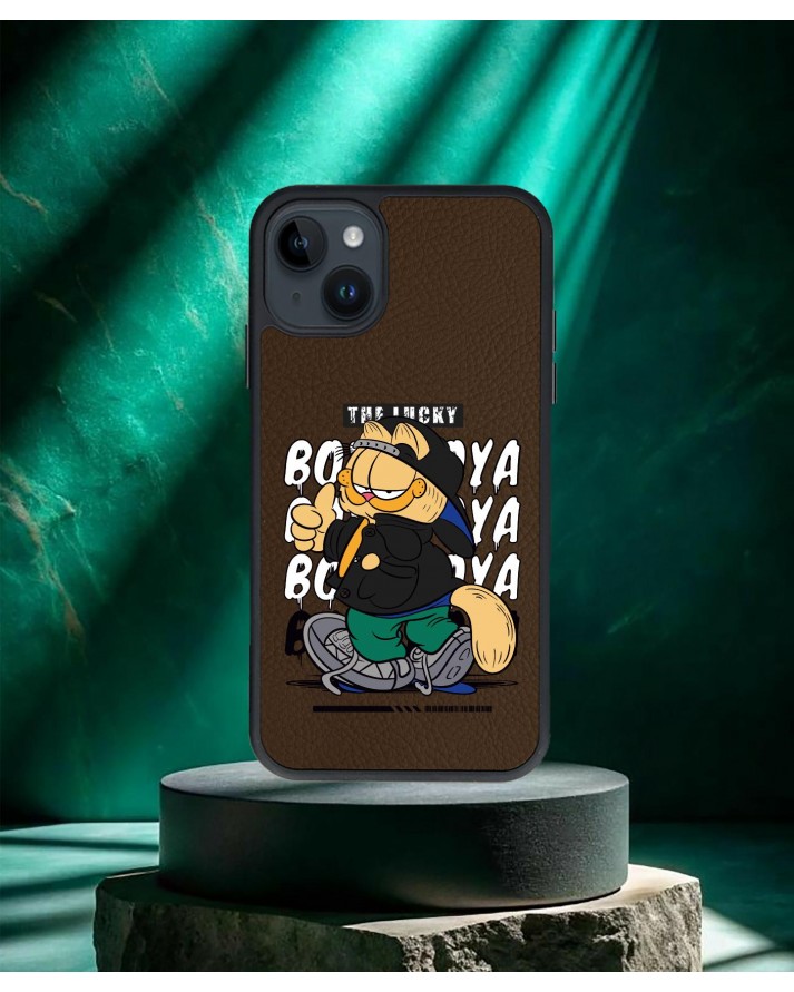 Garfield Baskılı Kahverengi Deri Telefon Kılıfı