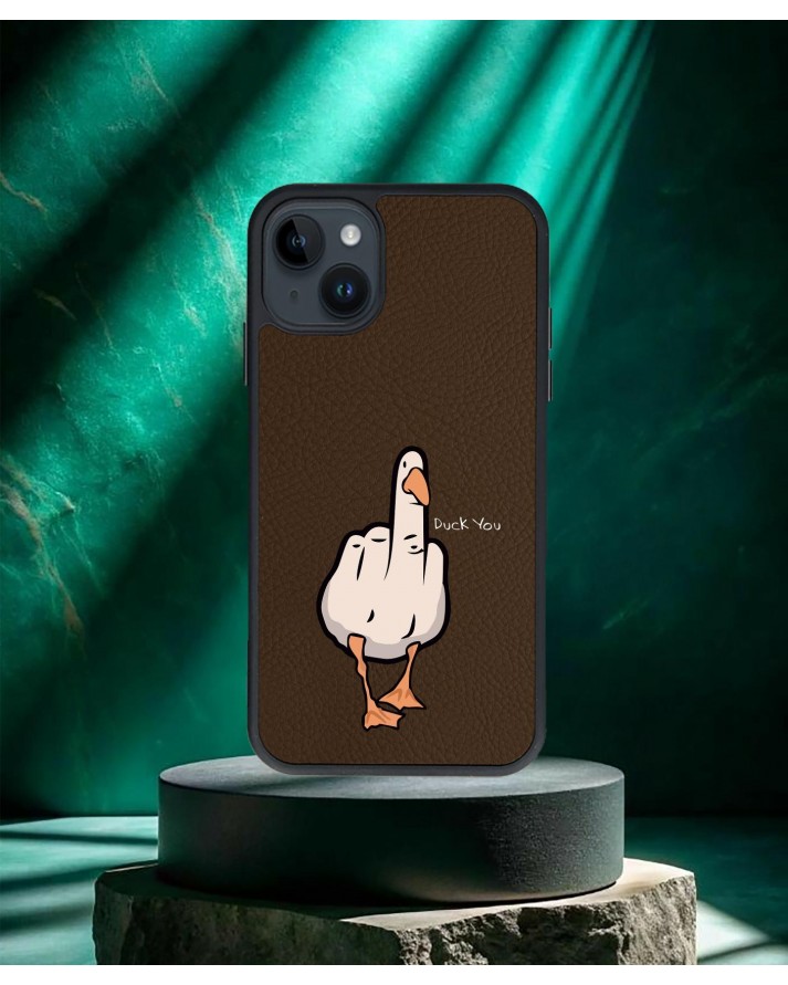 Duck You Baskılı Kahverengi Deri Telefon Kılıfı