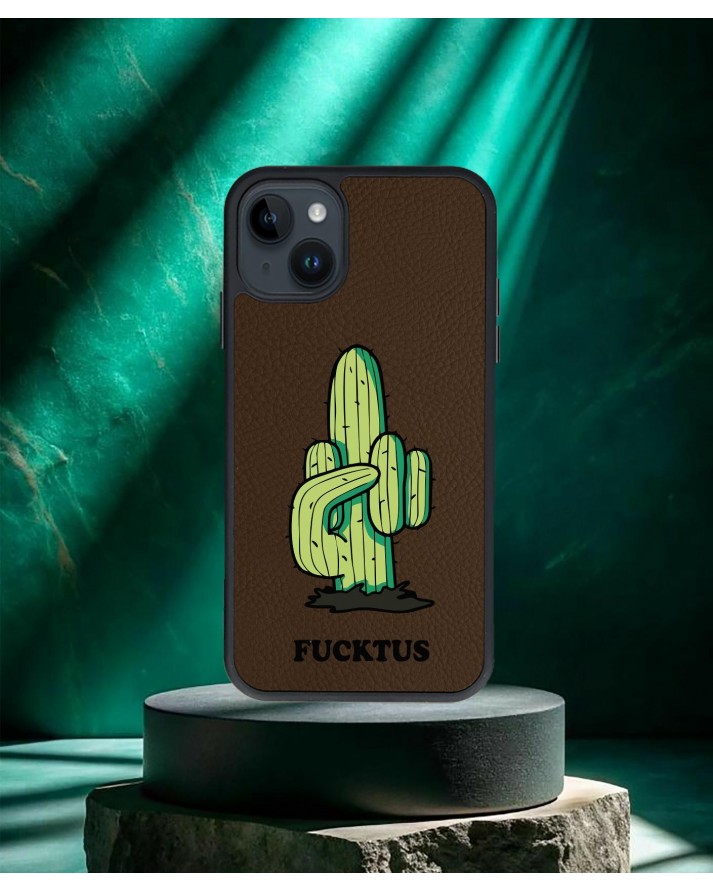 Fucktus Baskılı Kahverengi Deri Telefon Kılıfı