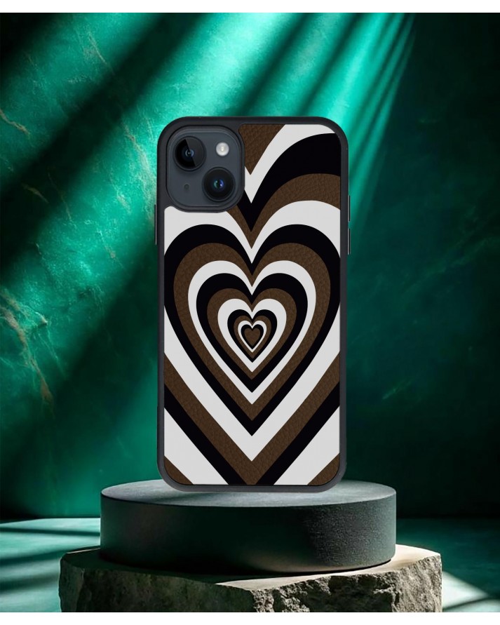 Kalp Baskılı Kahverengi Deri Telefon Kılıfı