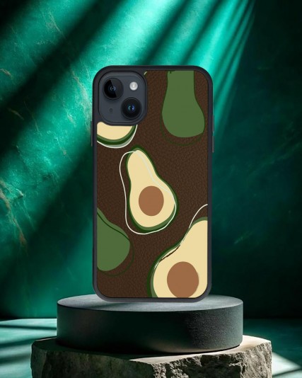 Avokado Baskılı Kahverengi Deri Telefon Kılıfı