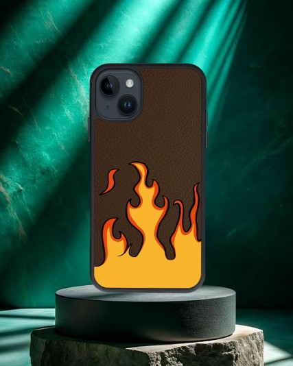 Alev Baskılı Kahverengi Deri Telefon Kılıfı