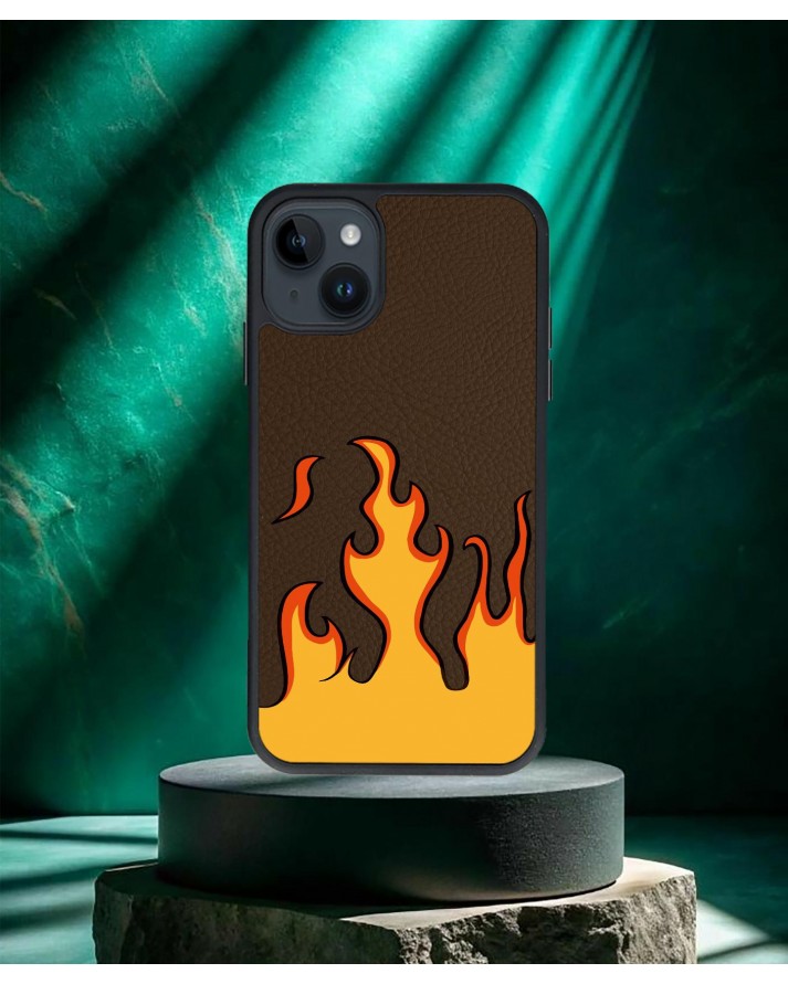 Alev Baskılı Kahverengi Deri Telefon Kılıfı