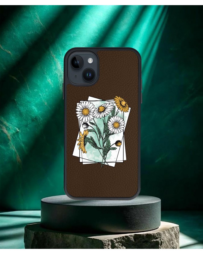 Papatya Baskılı Kahverengi Deri Telefon Kılıfı