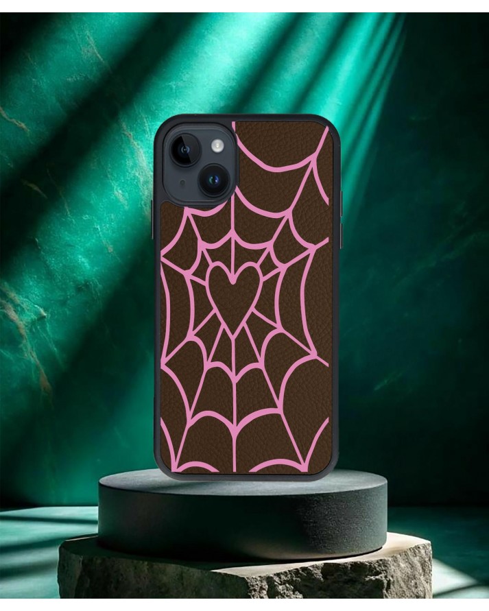 Kalp Örümcek Ağı Baskılı Kahverengi Deri Telefon Kılıfı
