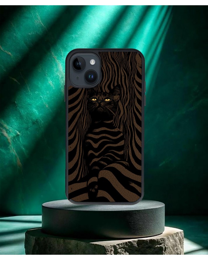 Kedi Baskılı Kahverengi Deri Telefon Kılıfı