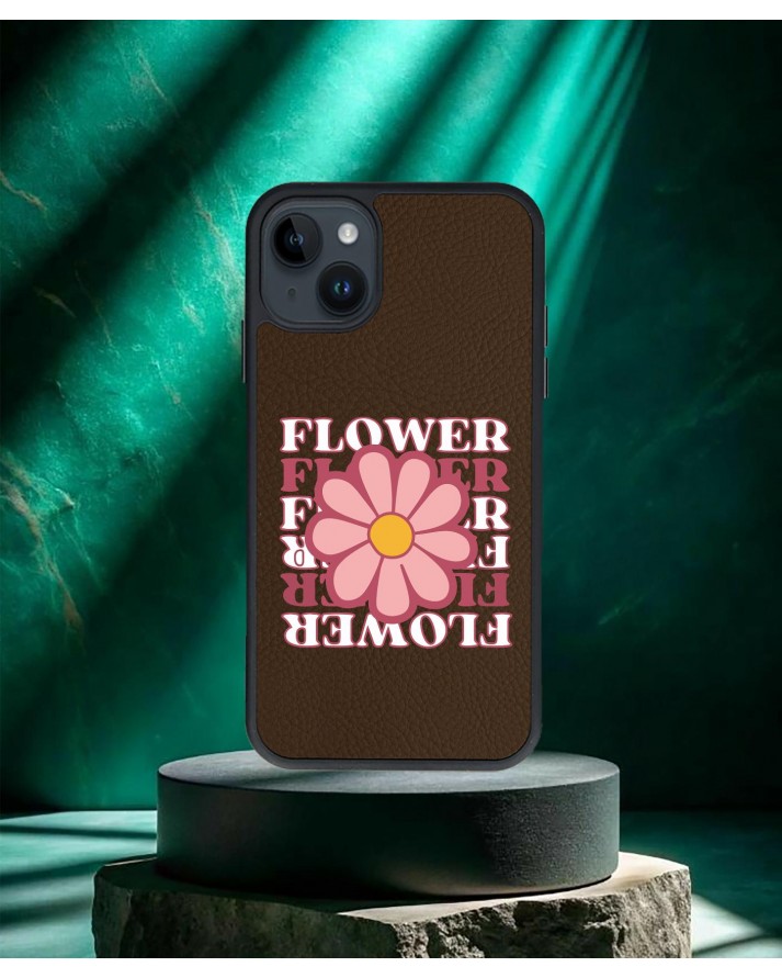 Çiçek Baskılı Kahverengi Deri Telefon Kılıfı