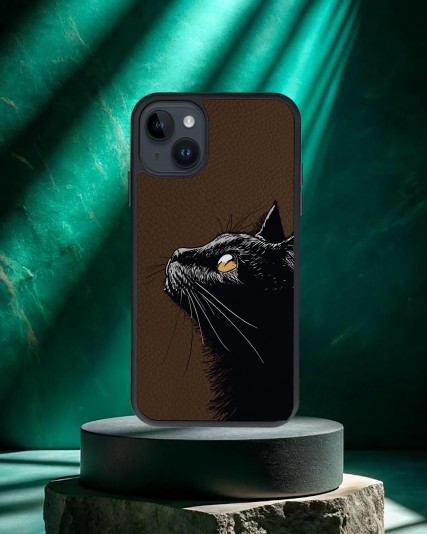 Kedi Baskılı Kahverengi Deri Telefon Kılıfı