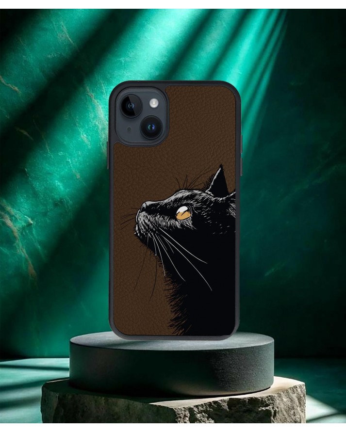 Kedi Baskılı Kahverengi Deri Telefon Kılıfı