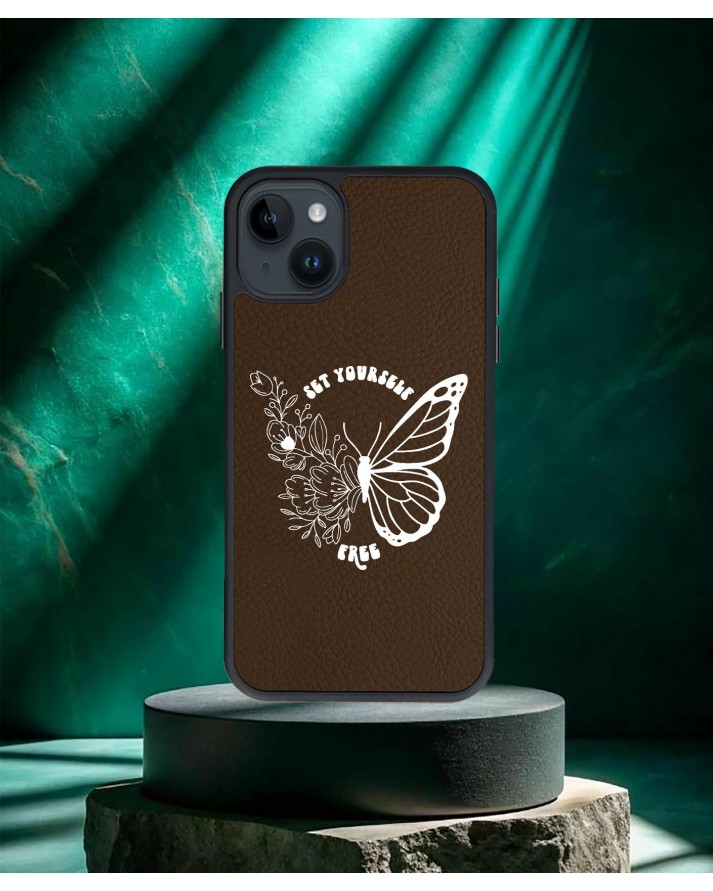 Kelebek Baskılı Kahverengi Deri Telefon Kılıfı