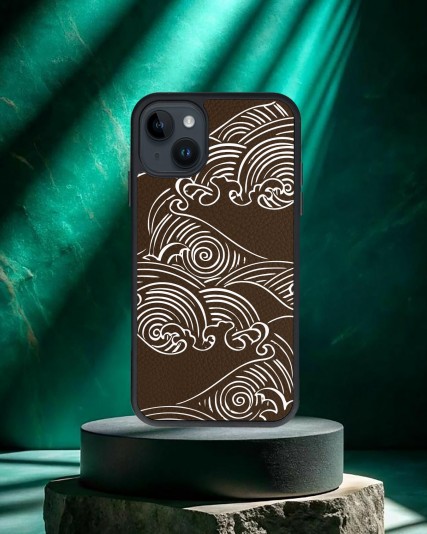 Design Baskılı Kahverengi Deri Telefon Kılıfı