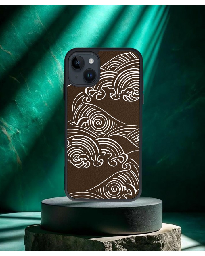 Design Baskılı Kahverengi Deri Telefon Kılıfı