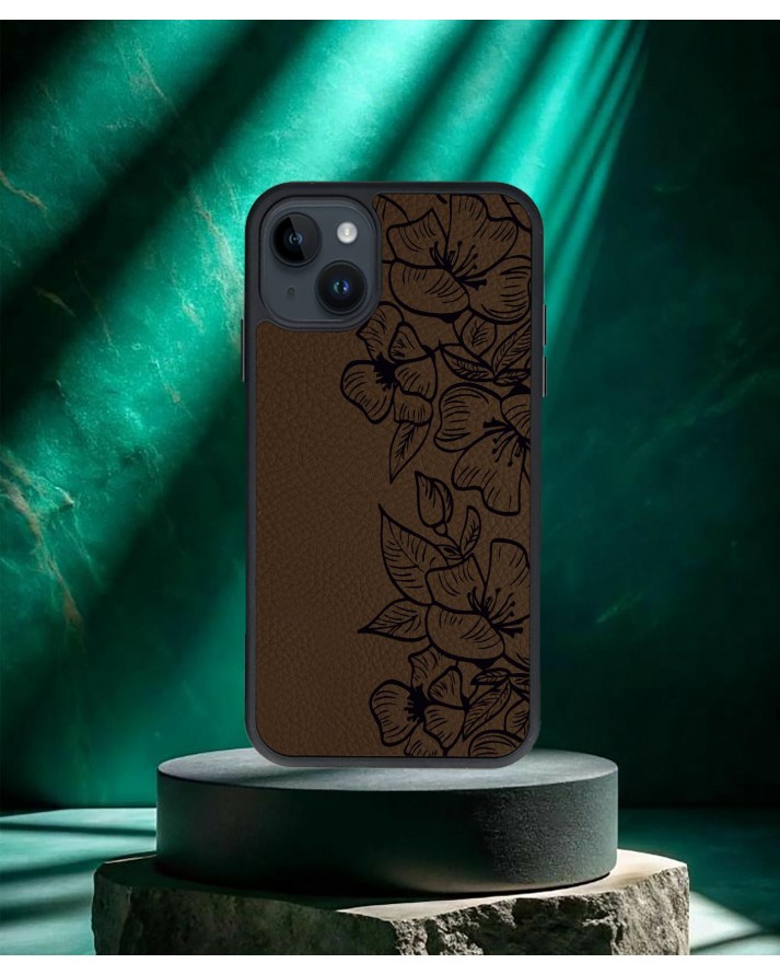 Design Baskılı Kahverengi Deri Telefon Kılıfı