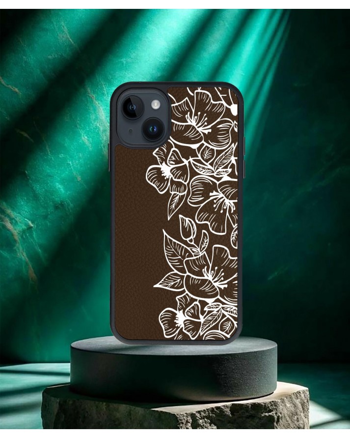 Design Baskılı Kahverengi Deri Telefon Kılıfı