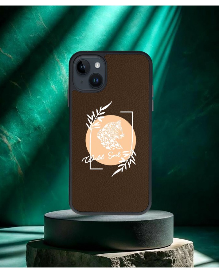 Panter Baskılı Kahverengi Deri Telefon Kılıfı