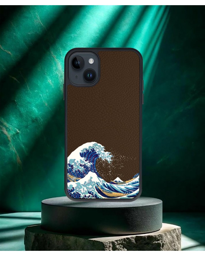 Dalga Baskılı Kahverengi Deri Telefon Kılıfı