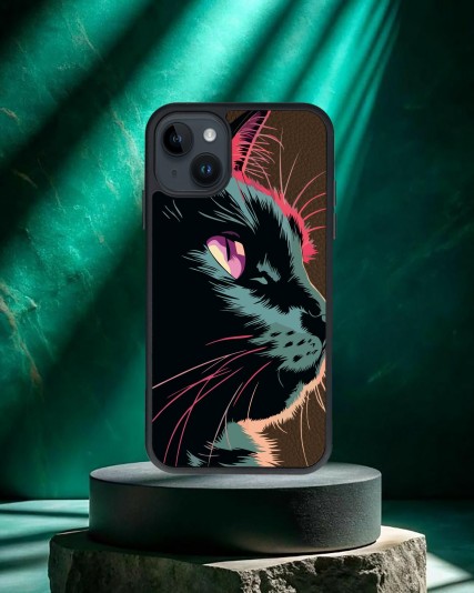 Kedi Baskılı Kahverengi Deri Telefon Kılıfı