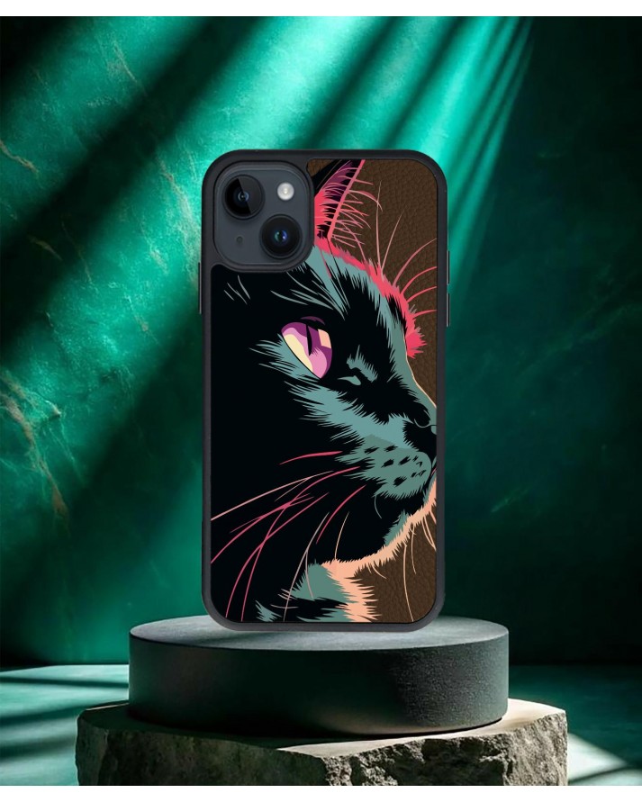 Kedi Baskılı Kahverengi Deri Telefon Kılıfı