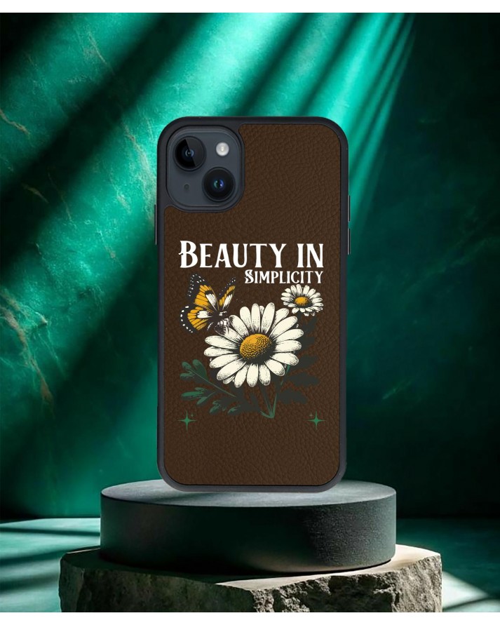 Papatya Baskılı Kahverengi Deri Telefon Kılıfı