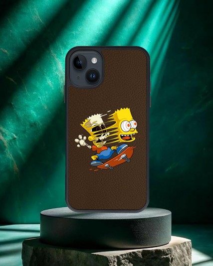 Bart Simpson Baskılı Kahverengi Deri Telefon Kılıfı