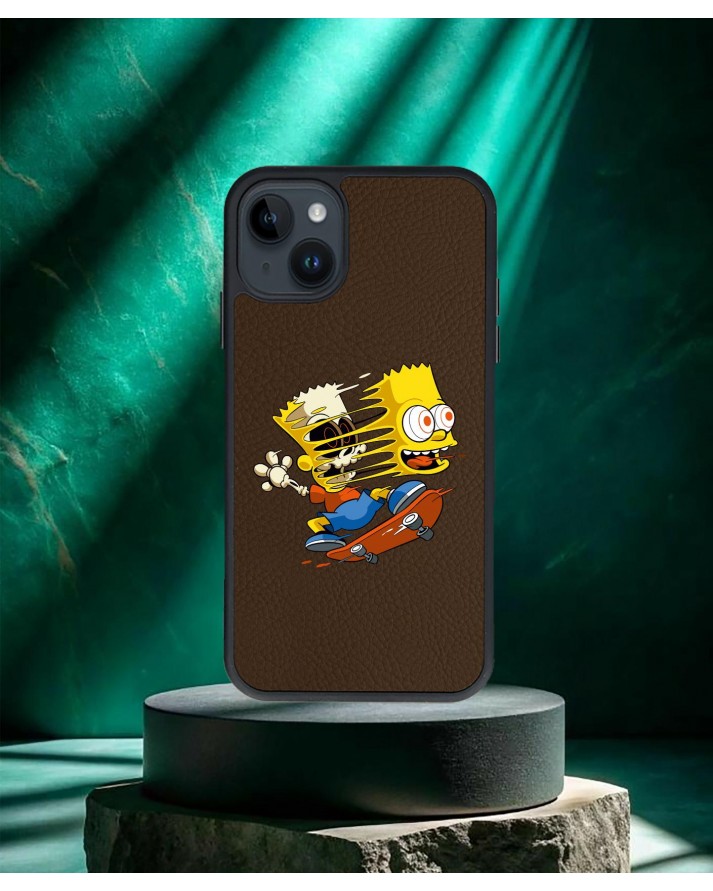Bart Simpson Baskılı Kahverengi Deri Telefon Kılıfı