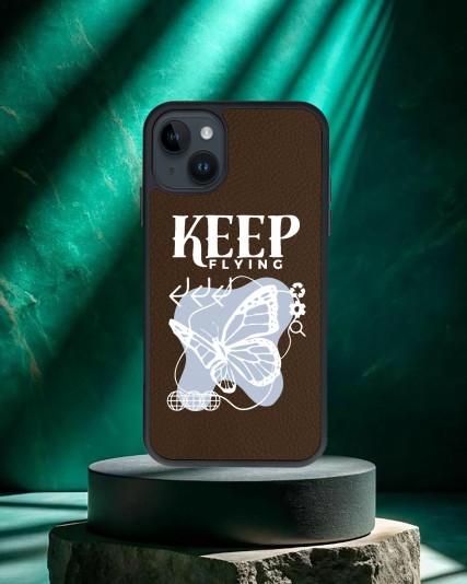 Kelebek Baskılı Kahverengi Deri Telefon Kılıfı