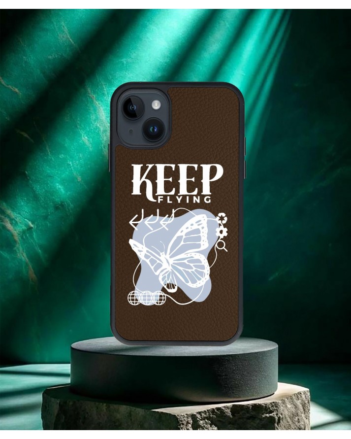 Kelebek Baskılı Kahverengi Deri Telefon Kılıfı