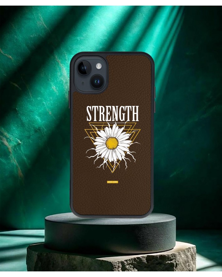 Papatya Baskılı Kahverengi Deri Telefon Kılıfı