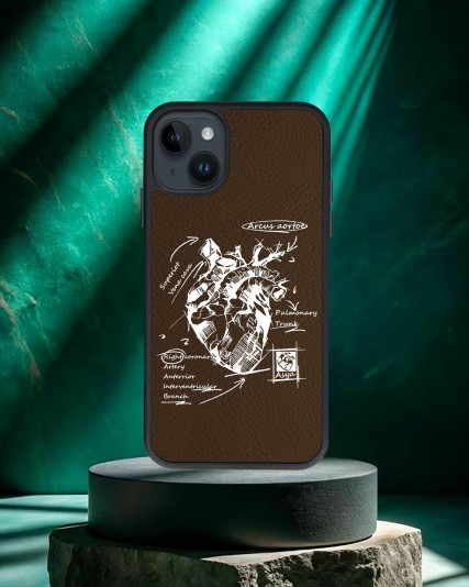 Kalp Baskılı Kahverengi Deri Telefon Kılıfı