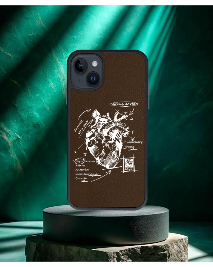 Kalp Baskılı Kahverengi Deri Telefon Kılıfı