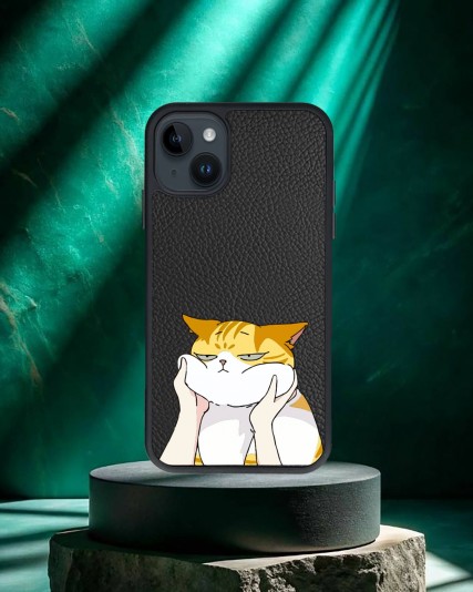 Kedi Baskılı Siyah Deri Telefon Kılıfı