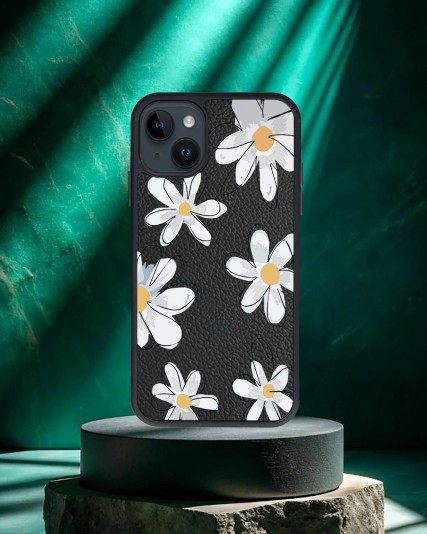 Papatya Baskılı Siyah Deri Telefon Kılıfı