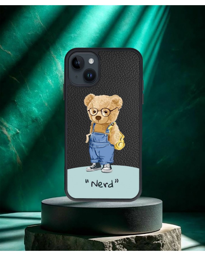 Ayıcık Baskılı Siyah Deri Telefon Kılıfı