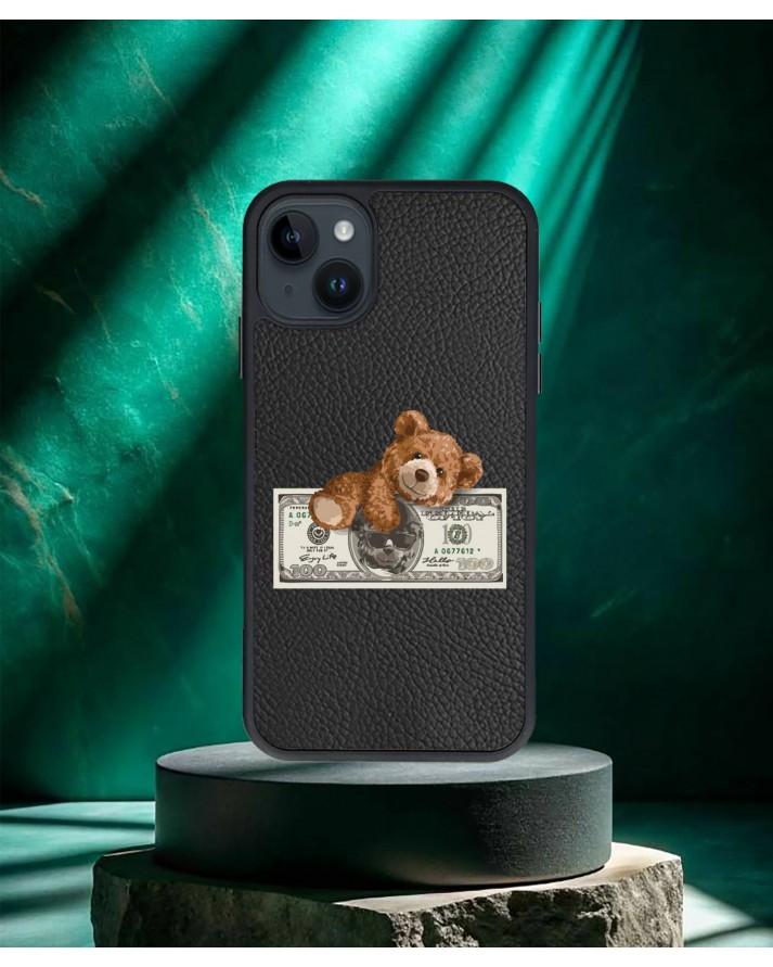 Ayıcık Baskılı Siyah Deri Telefon Kılıfı