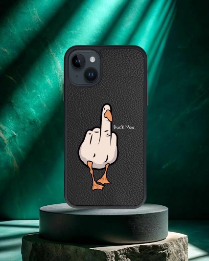 Duck You Baskılı Siyah Deri Telefon Kılıfı