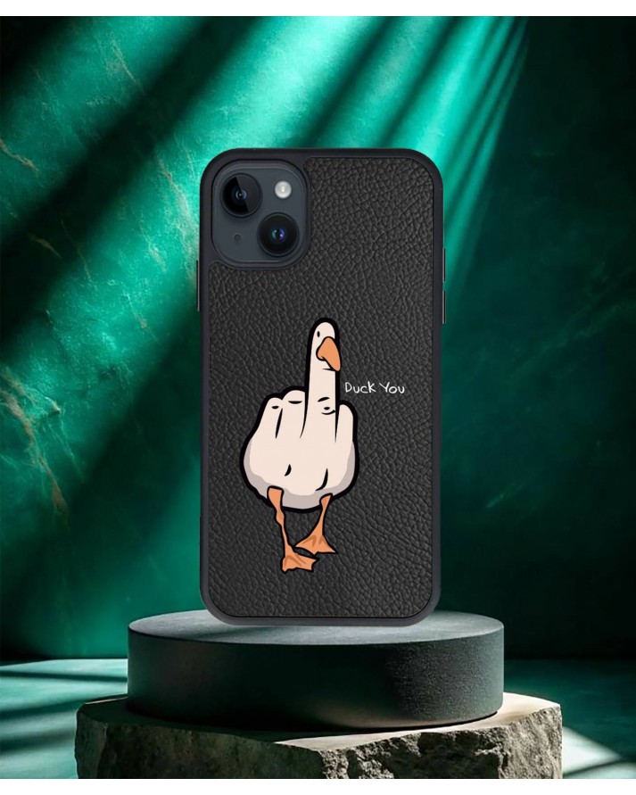 Duck You Baskılı Siyah Deri Telefon Kılıfı
