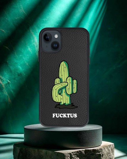 Fucktus Baskılı Siyah Deri Telefon Kılıfı