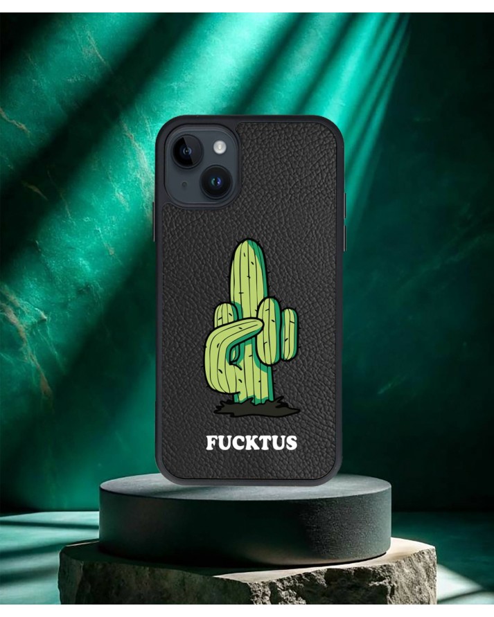 Fucktus Baskılı Siyah Deri Telefon Kılıfı