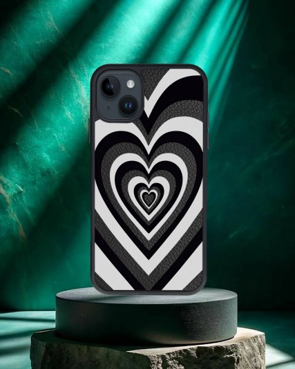 Kalp Baskılı Siyah Deri Telefon Kılıfı