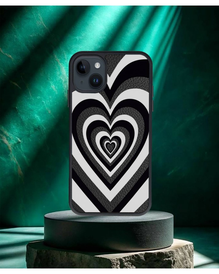 Kalp Baskılı Siyah Deri Telefon Kılıfı