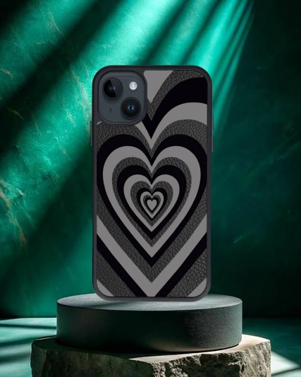 Kalp Baskılı Siyah Deri Telefon Kılıfı