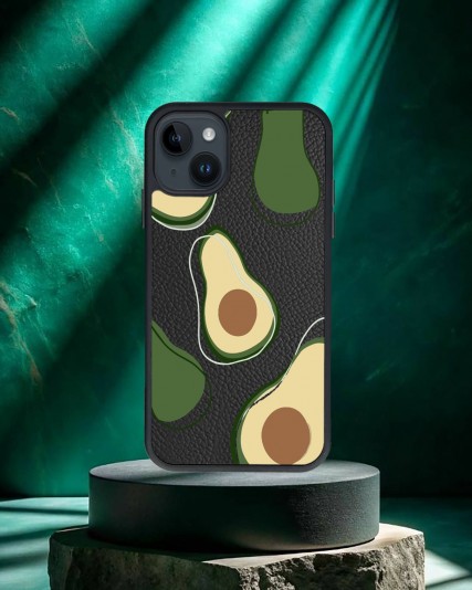 Avokado Baskılı Siyah Deri Telefon Kılıfı