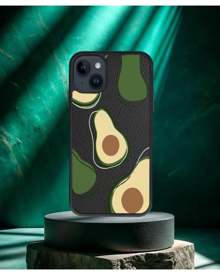 Avokado Baskılı Siyah Deri Telefon Kılıfı