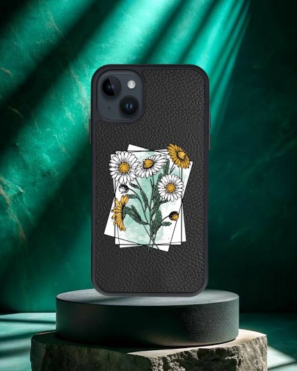 Papatya Baskılı Siyah Deri Telefon Kılıfı