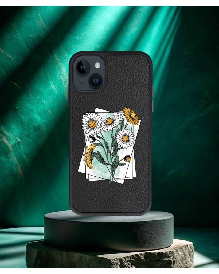 Papatya Baskılı Siyah Deri Telefon Kılıfı